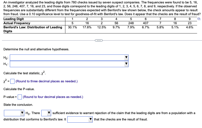 Solved An investigator analyzed the leading digits from 780 | Chegg.com