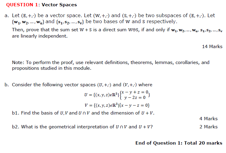 Solved QUESTION 1: Vector Spaces a. Let (E,+,-) be a vector | Chegg.com