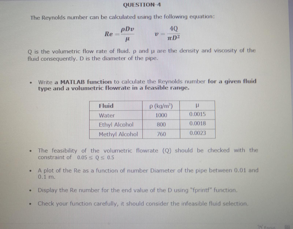 Solved QUESTION 4 The Reynolds number can be calculated | Chegg.com
