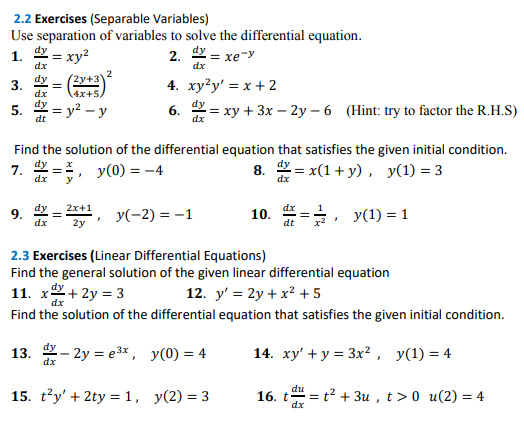 Solved 2.2 Exercises (Separable Variables) Use separation of | Chegg.com