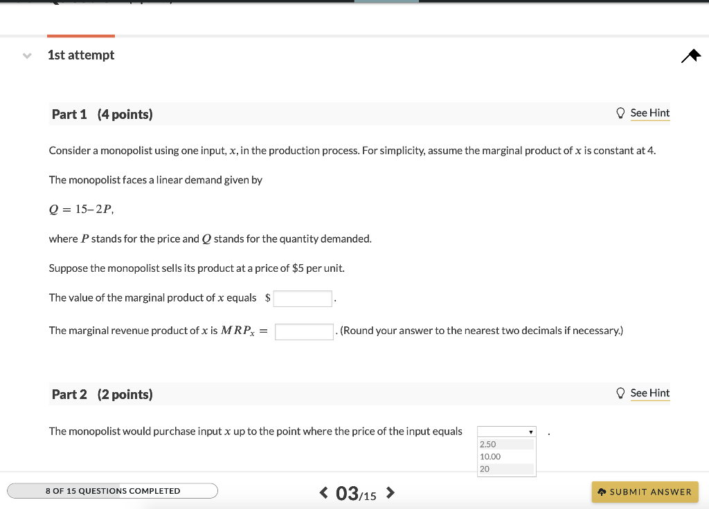 Solved 1st attempt Part 1 (4 points) See Hint Consider a | Chegg.com