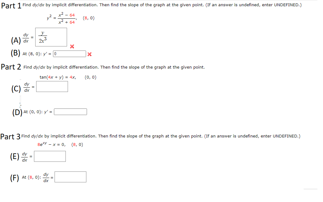 Solved Part 1 Find Dydx By Implicit Differentiation Then 9471