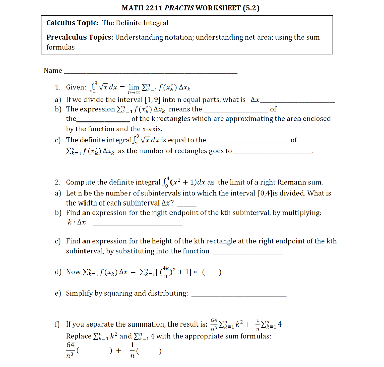 Solved MATH 2211 PRACTIS WORKSHEET (5.2) Calculus Topic: The | Chegg.com