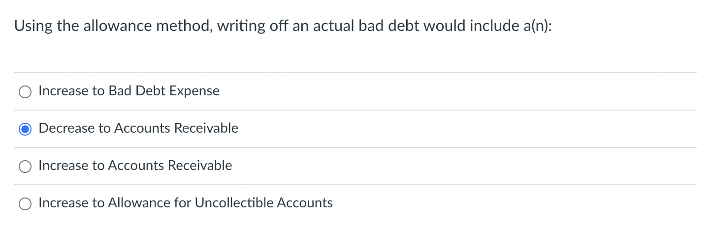 Solved Using the allowance method, writing off an actual bad | Chegg.com