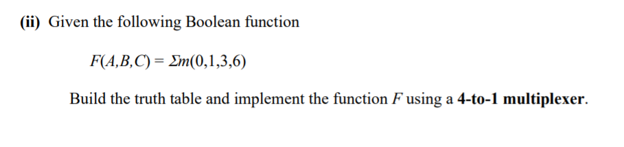 Solved (ii) Given The Following Boolean Function F(A,B,C)= | Chegg.com