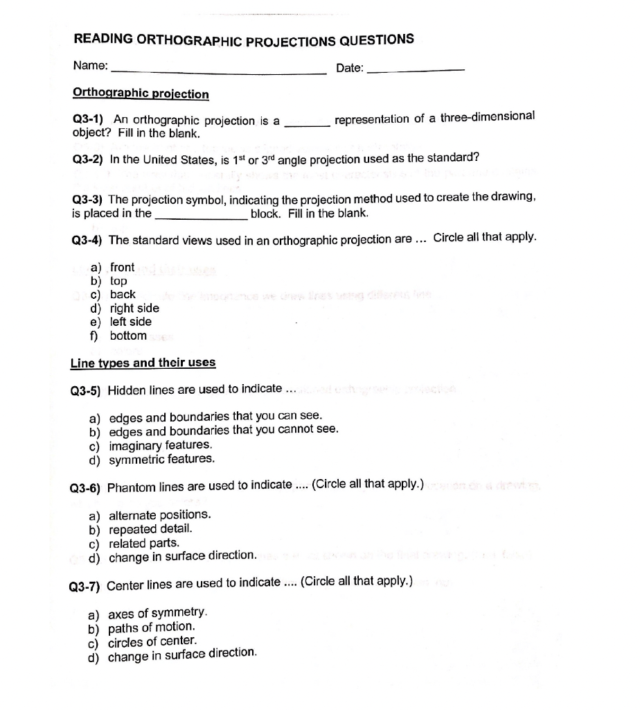 Solved READING ORTHOGRAPHIC PROJECTIONS QUESTIONS Name