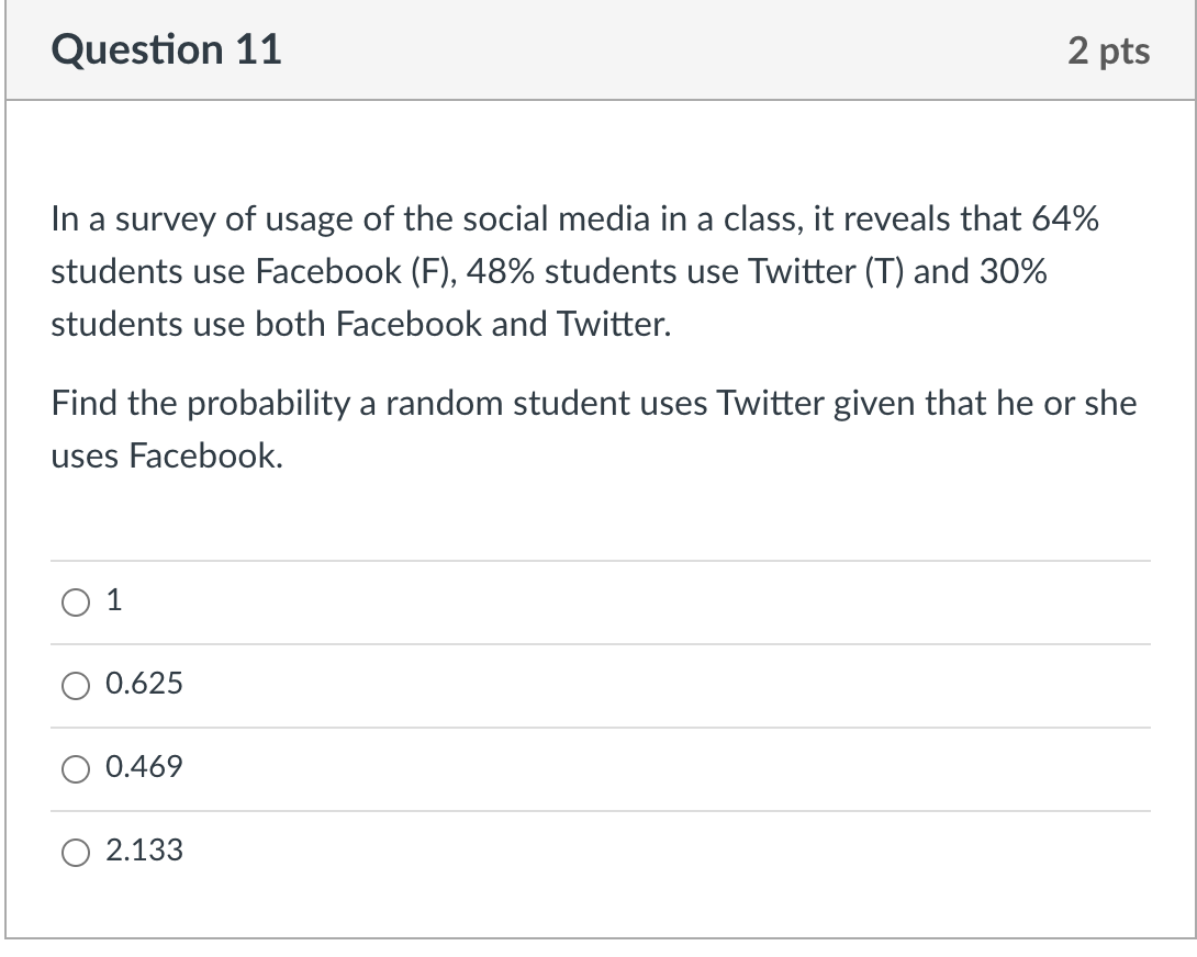 Solved Question 11 2 pts In a survey of usage of the social | Chegg.com