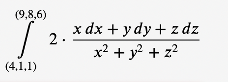 \( \int_{(4,1,1)}^{(9,8,6)} 2 \cdot \frac{x d x+y d y+z d z}{x^{2}+y^{2}+z^{2}} \)