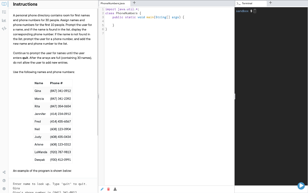 Solved m Instructions Phone Numbers.java >_Terminal + | Chegg.com