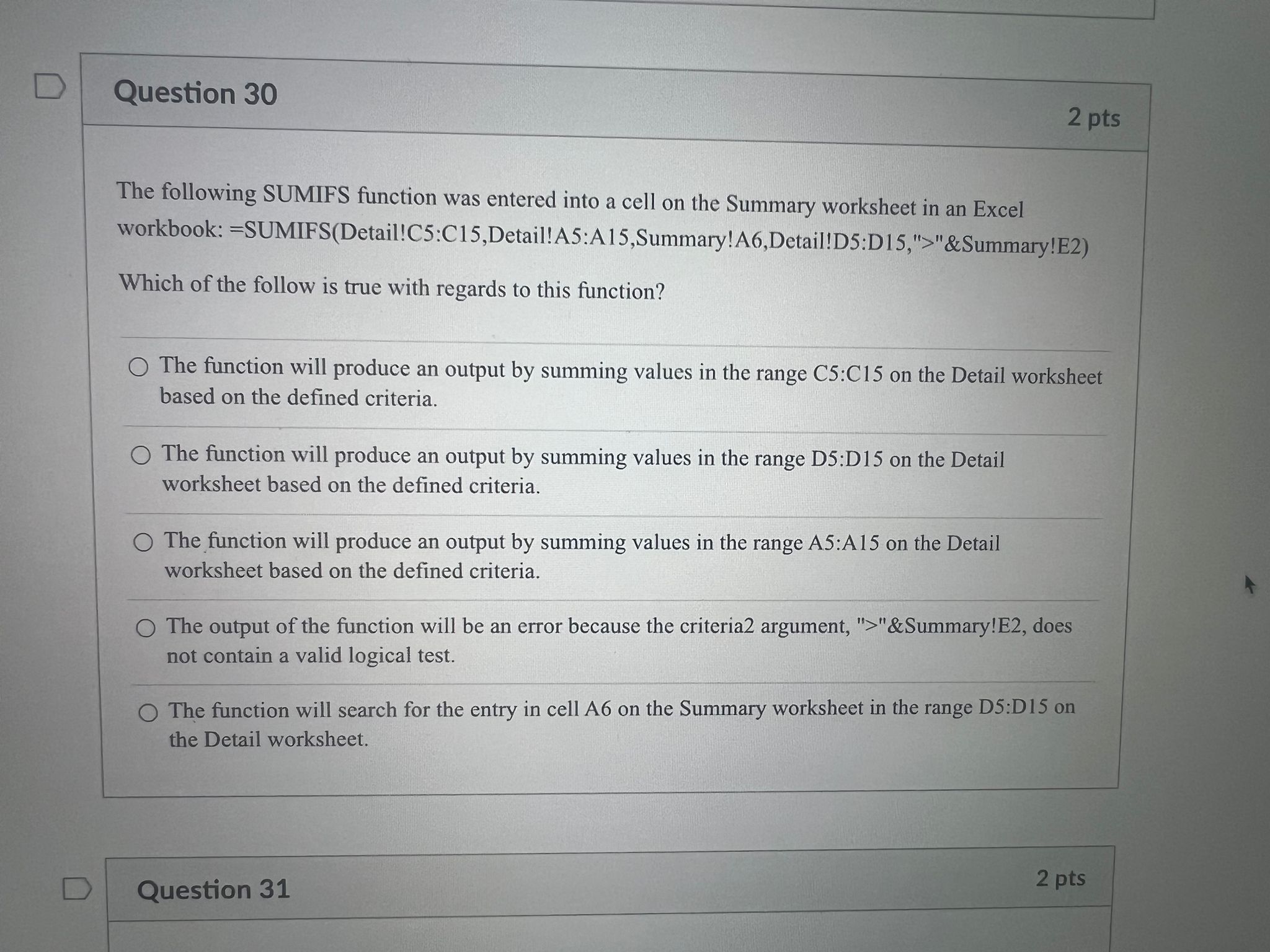 Solved Question 30The following SUMIFS function was entered | Chegg.com