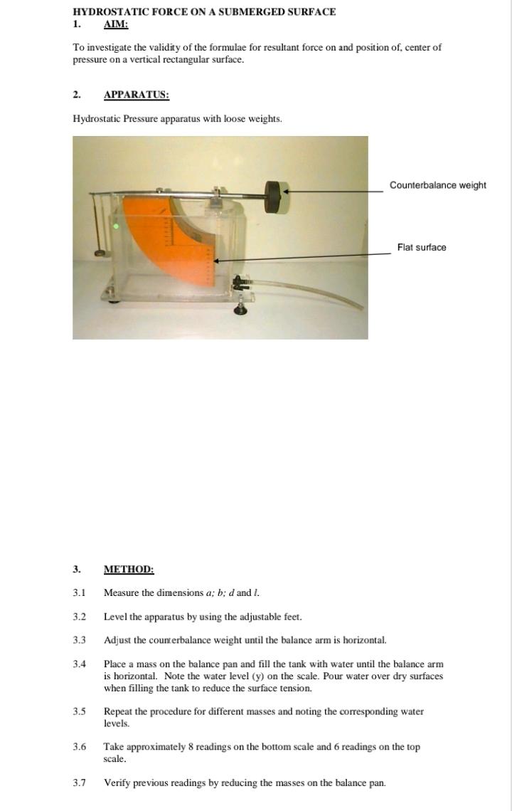 HYDROSTATIC FORCE ON A SUBMERGED SURFACE
1.
AIM:
To investigate the validity of the formulae for resultant force on and posit