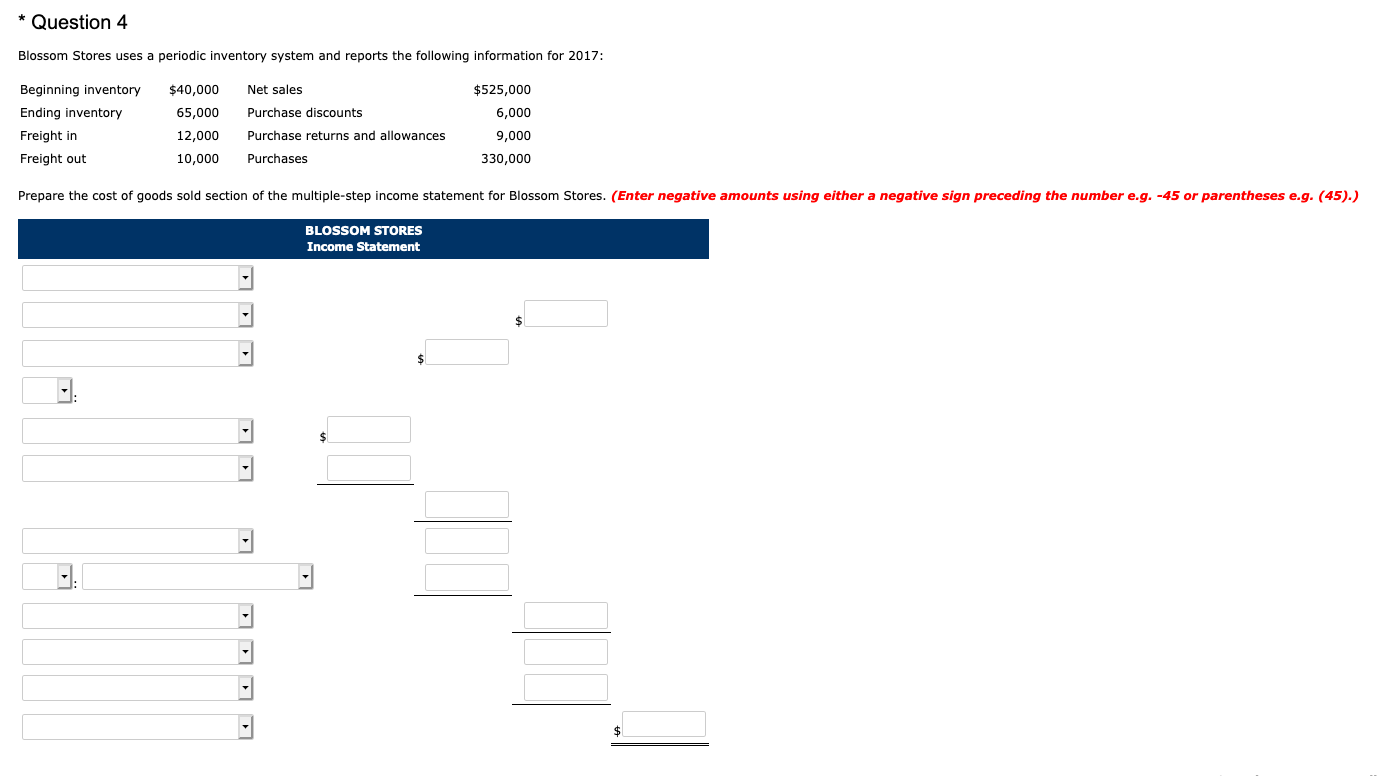 Solved * Question 4 Blossom Stores uses a periodic inventory