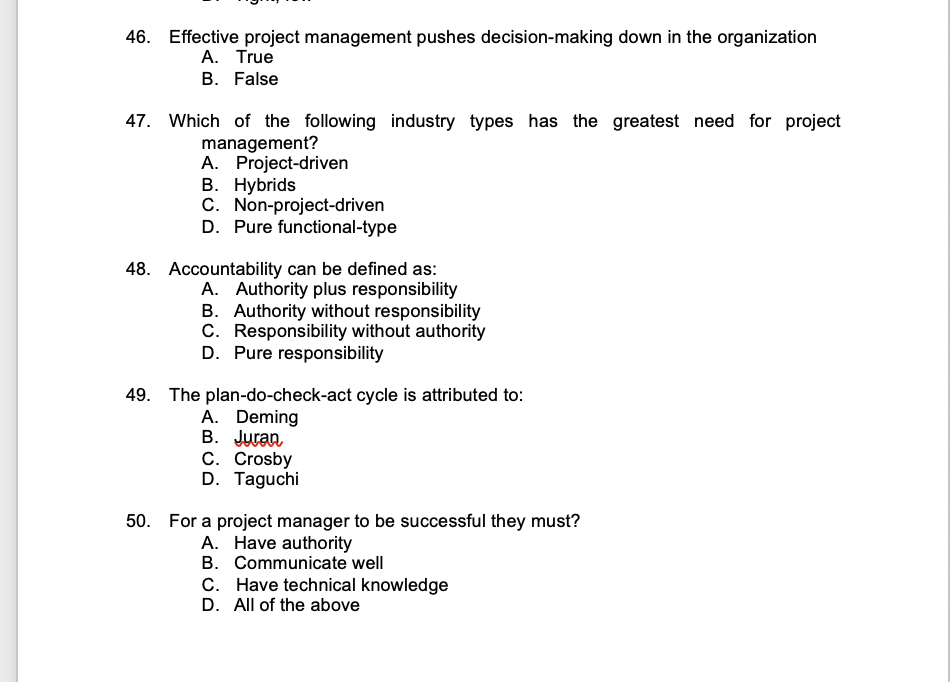 Solved 46. Effective project management pushes | Chegg.com