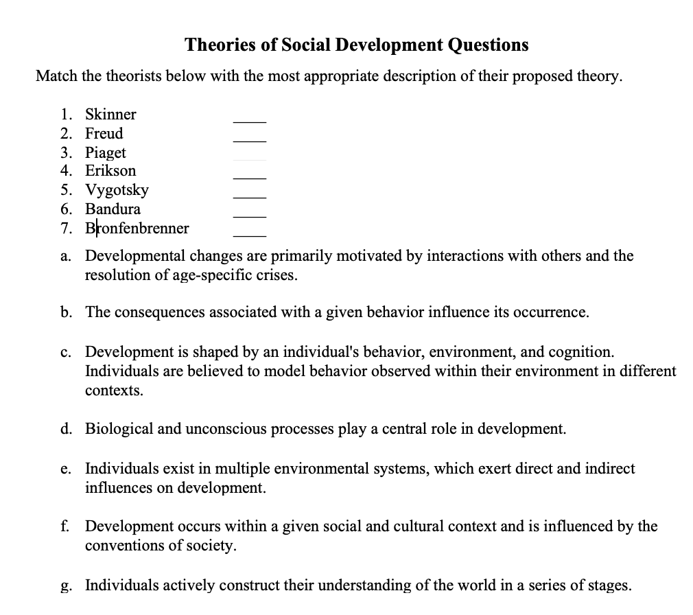 Solved Theories of Social Development Questions Match the Chegg