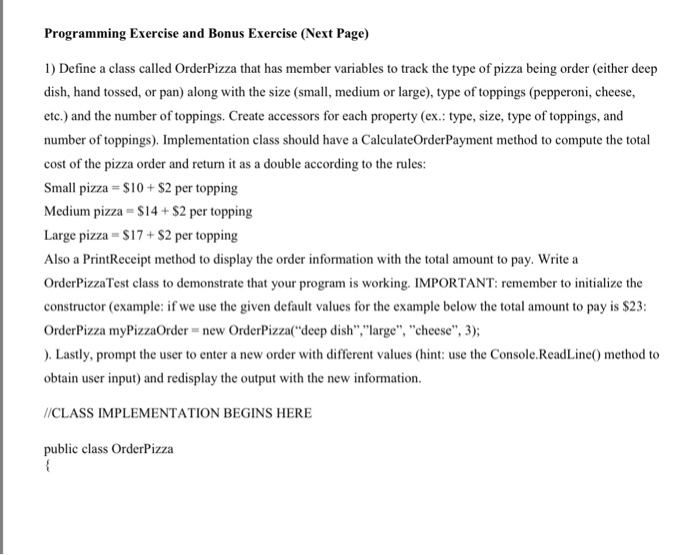 Programming Exercise Bonus Exercise Next Page 1 Define Class Called