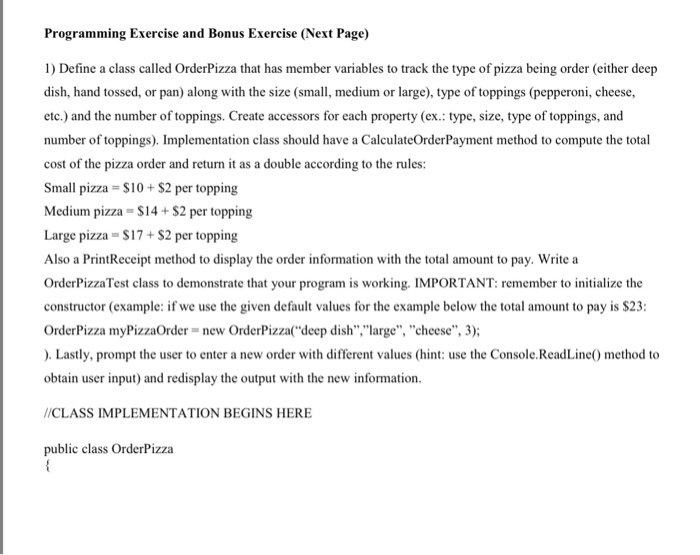 Programming Exercise Bonus Exercise Next Page 1 Define Class Called