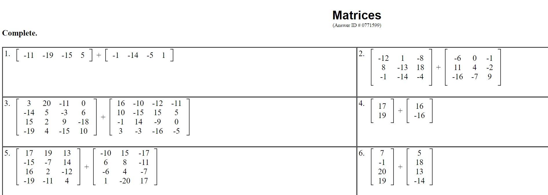 Solved Matrices Answer Id Complete 1 11 Chegg Com