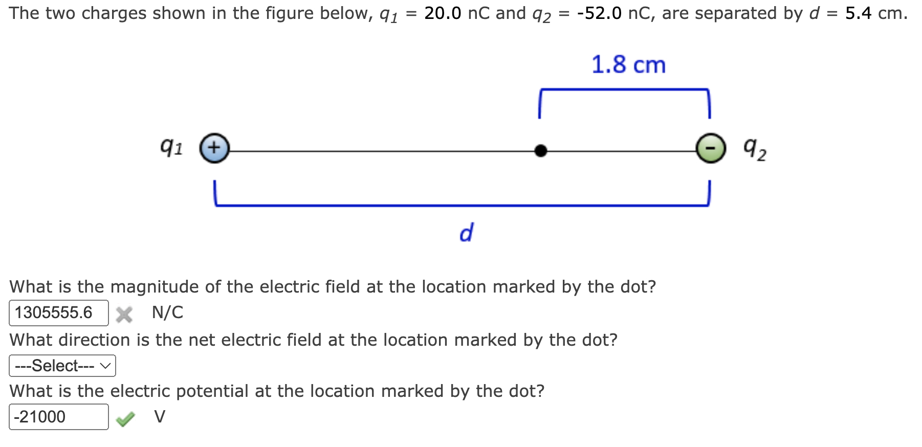 Solved The Two Charges Shown In The Figure Below, Q1=20.0nC | Chegg.com