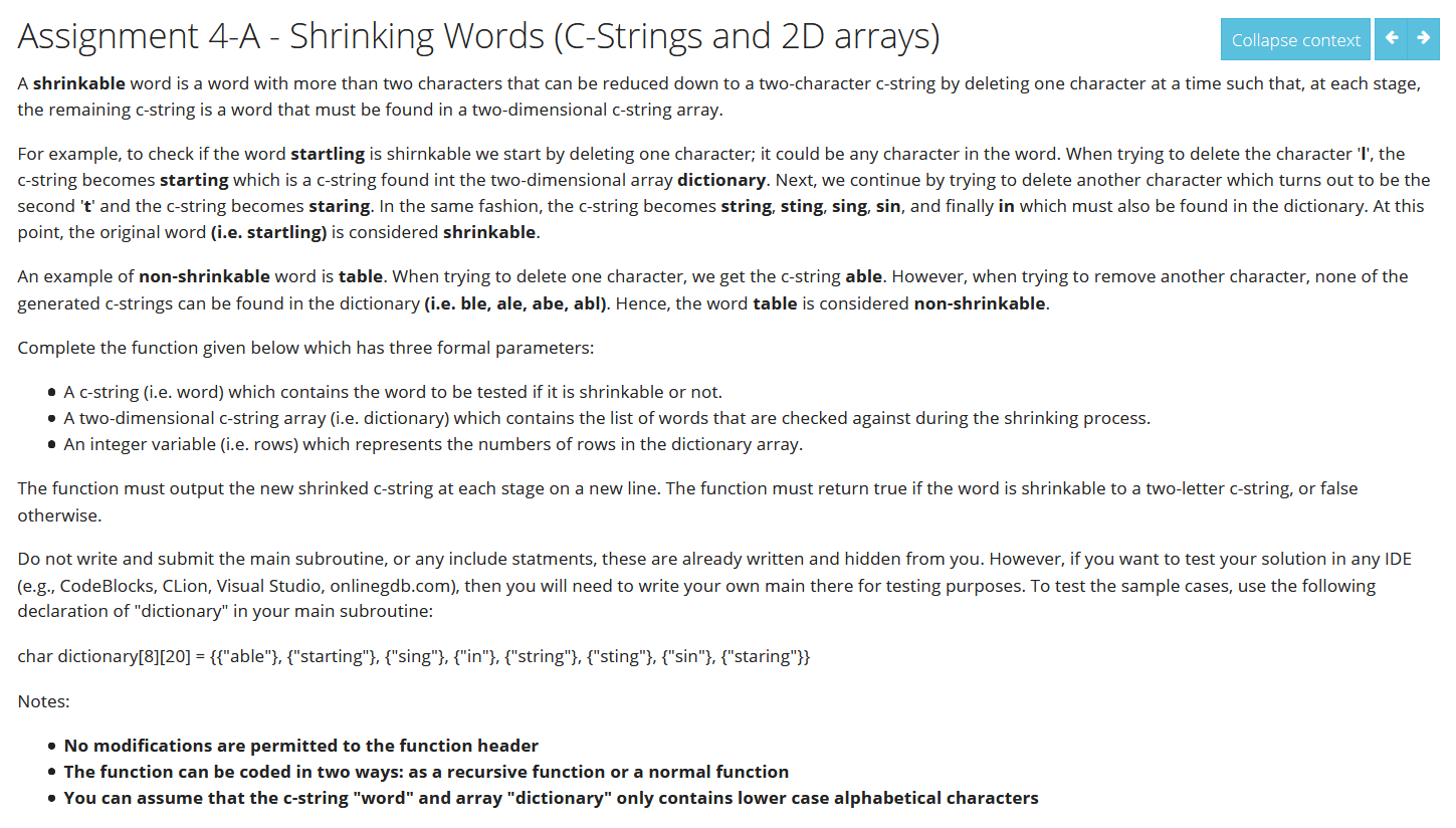 Solved Assignment 4-A - Shrinking Words (C-Strings and 2D | Chegg.com