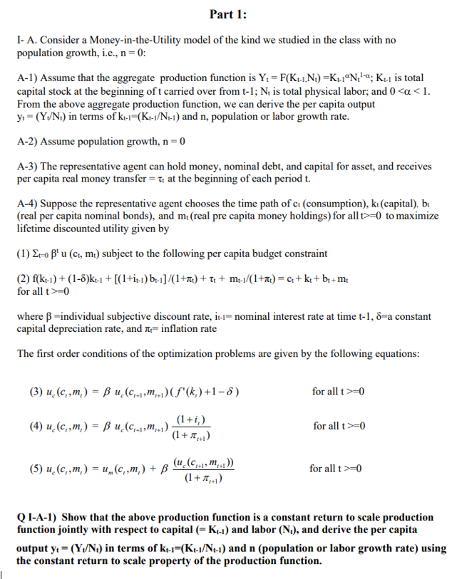 Part 1: 1- A. Consider a Money-in-the-Utility model | Chegg.com