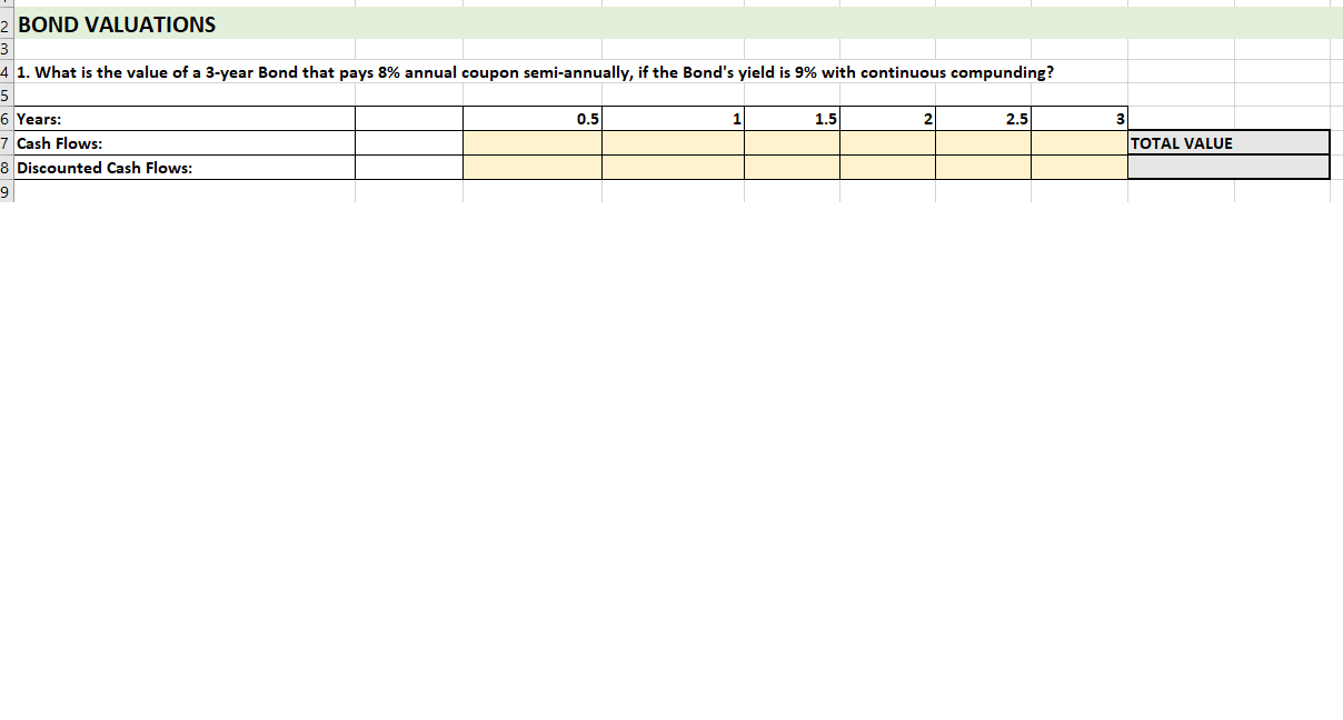 BOND VALUATIONS
1. What is the value of a 3 -year Bond that pays \( 8 \% \) annual coupon semi-annually, if the Bonds yield