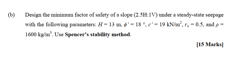Solved (b) Design the minimum factor of safety of a slope | Chegg.com