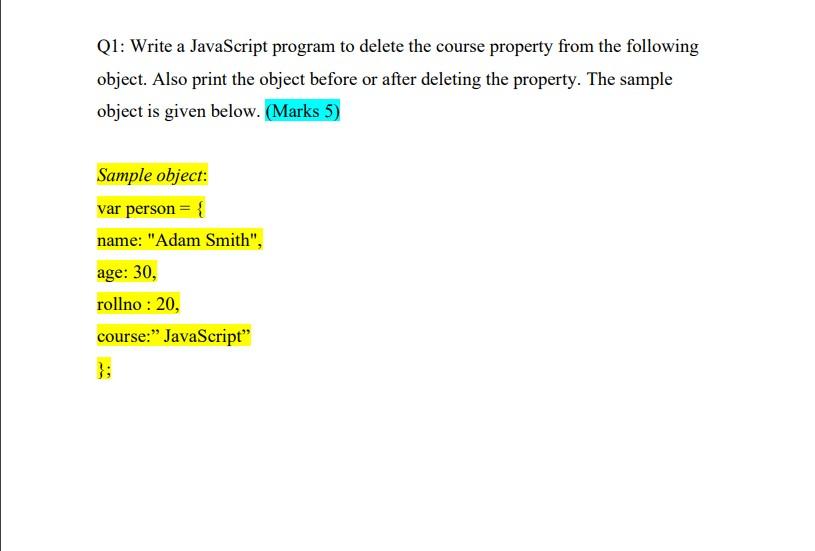Q1: Write JavaScript program to delete the course |