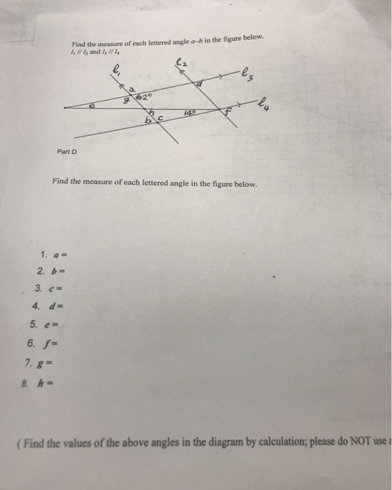 Solved Find the measure of each lettered angle a-h in the | Chegg.com