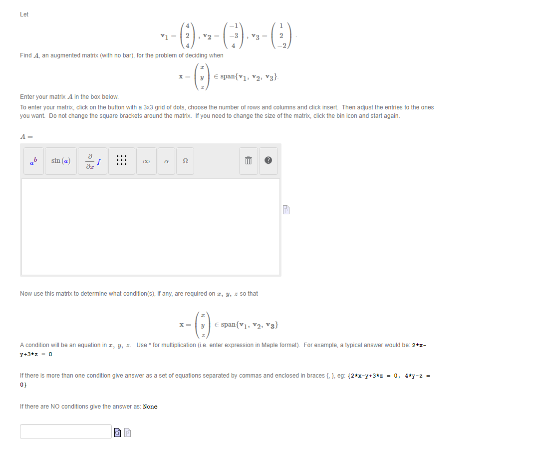Solved Let 1 2 = 2 V2 V3 = -3 4 - 2 Find A, an augmented | Chegg.com