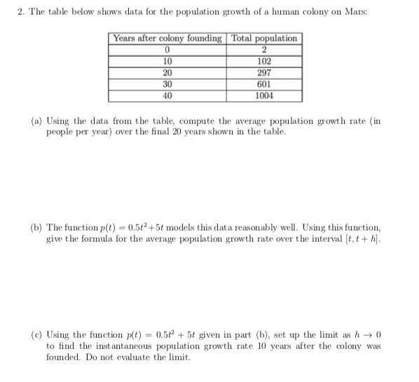Solved 2. The table below shows data for the population | Chegg.com