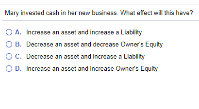 Solved Mary invested cash in her new business. What effect | Chegg.com