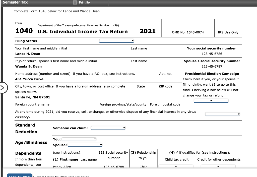 Complete Form 1040 below for Lance and Wanda | Chegg.com Complete Form 1040 below for Lance and Wanda | Chegg.com