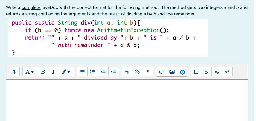 Solved Write a complete javaDoc with the correct format for | Chegg.com