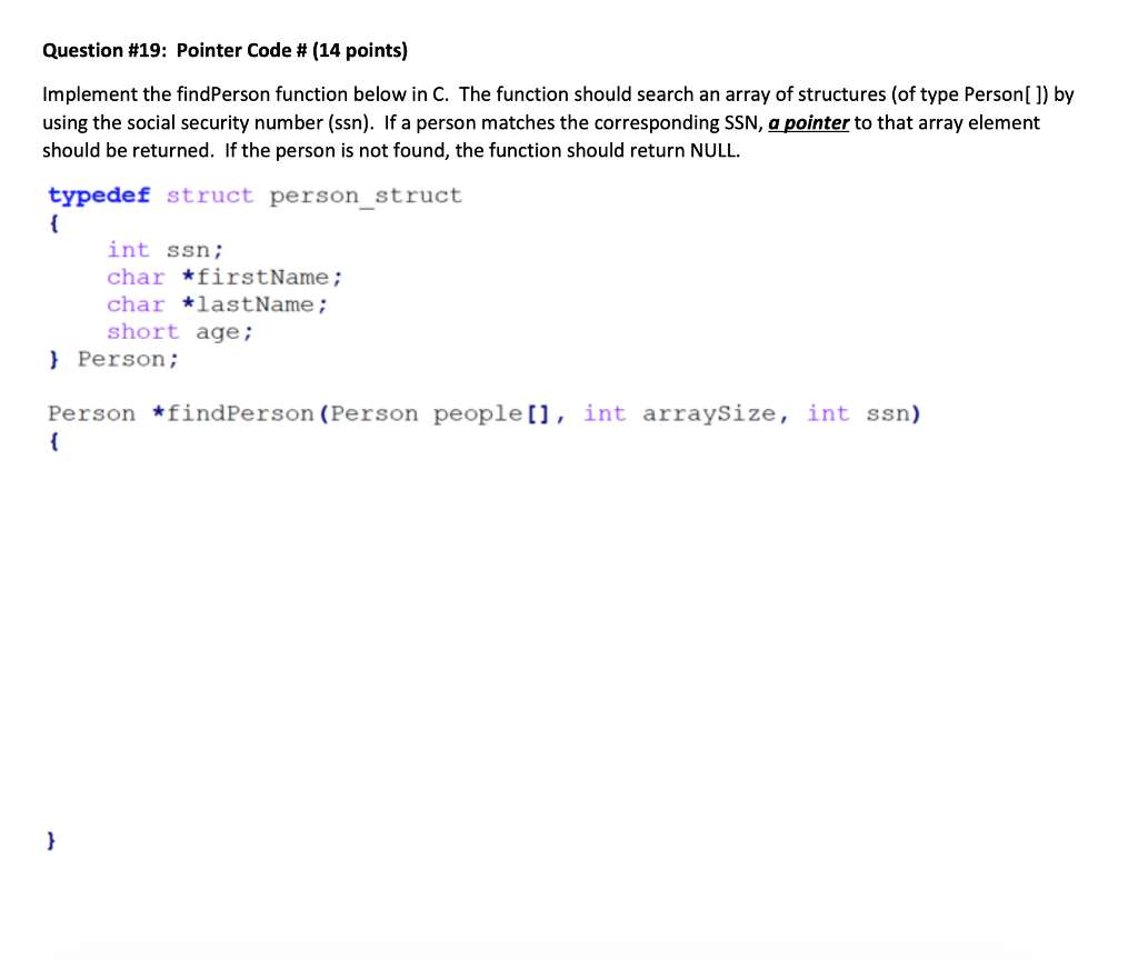 Solved Question #19: Pointer Code # (14 points) Implement | Chegg.com