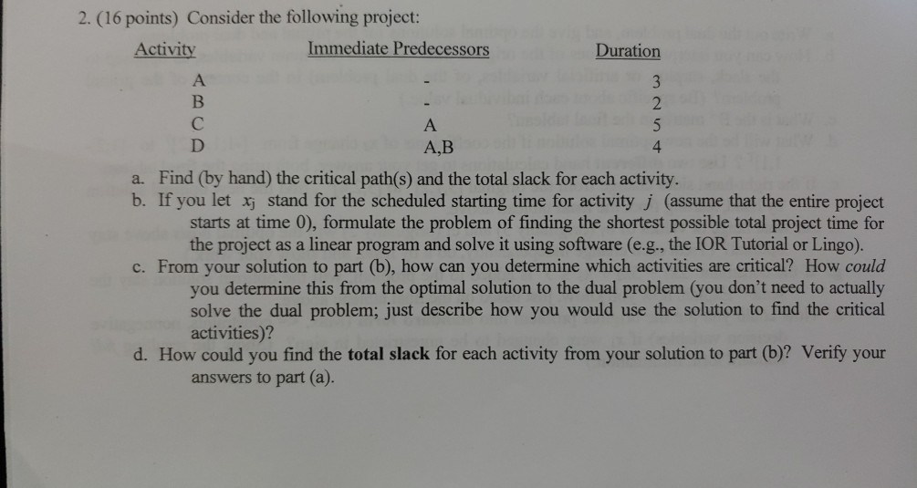 Solved 2. (16 points) Consider the following project: | Chegg.com