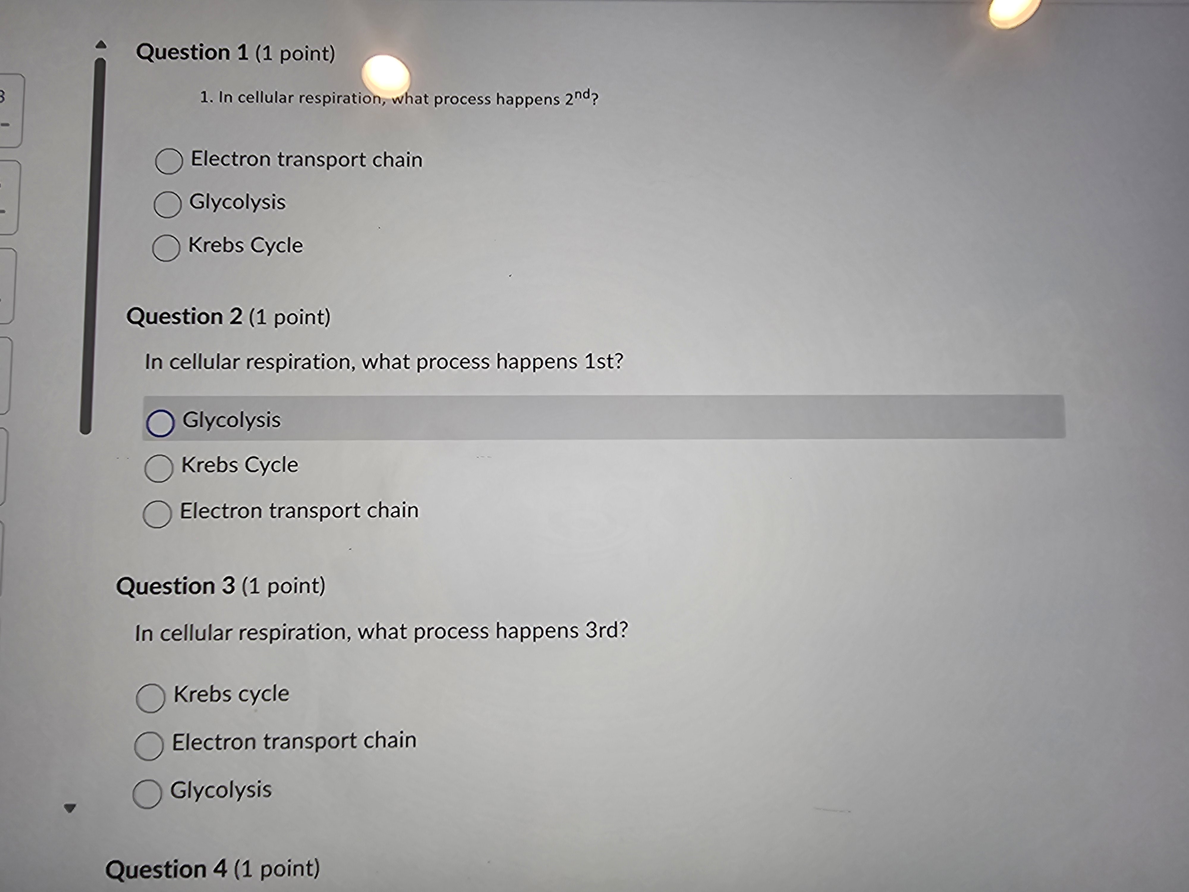 Solved 1. In cellular respiration, what process happens 2nd | Chegg.com