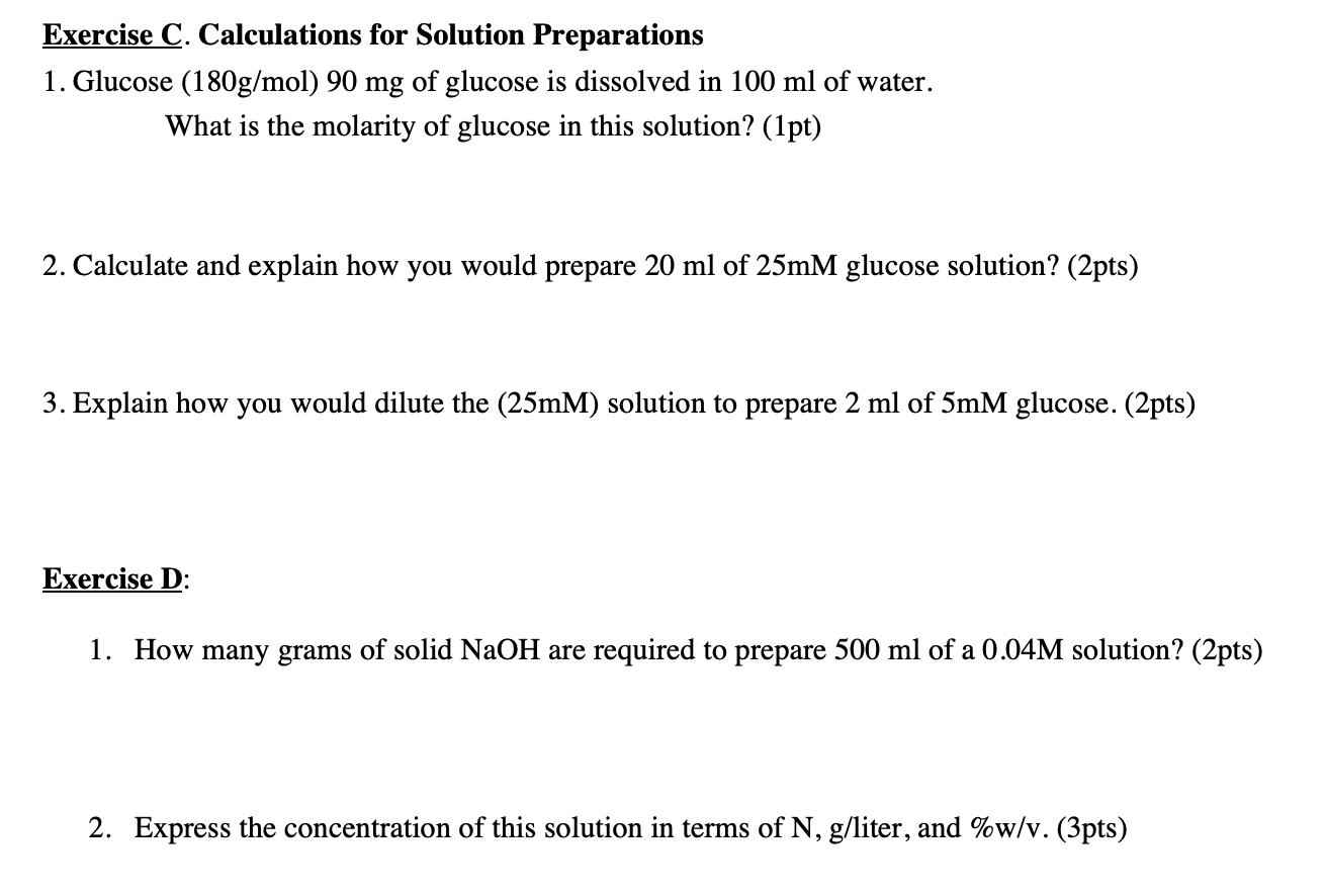 Solved Exercise C. Calculations for Solution Preparations 1. | Chegg.com