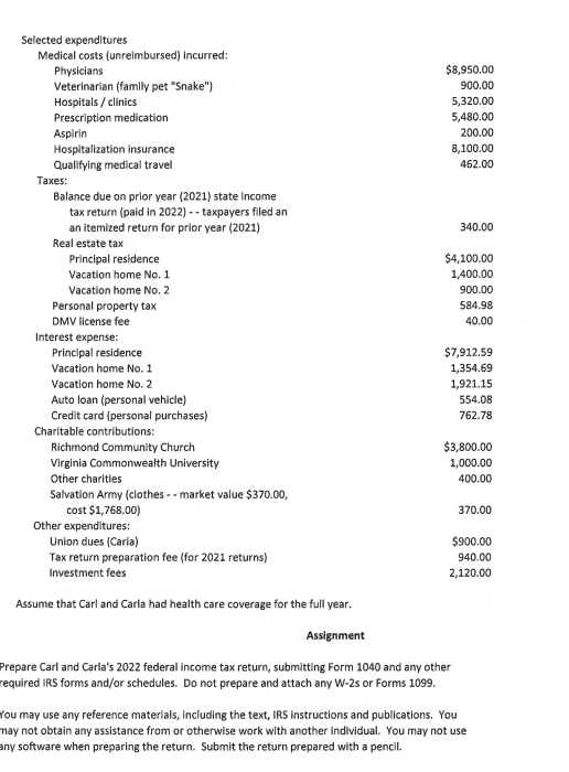 prepare carl and carla's 2022 federal income tax | Chegg.com