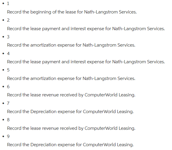 • 1 record the beginning of the lease for nath-langstrom services. • 2 record the lease payment and interest expense for nath