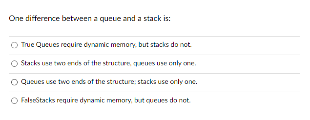 One difference between a queue and a stack is: True | Chegg.com