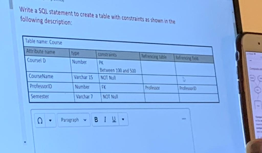 Solved Write a SQL statement to create a table with | Chegg.com