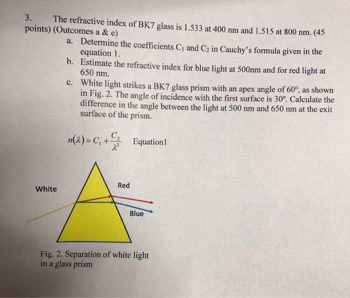 Solved 3. The refractive index of BK7 glass is 1.533 at 400