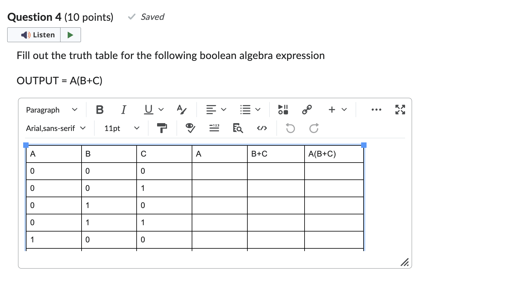 Solved Fill out the truth table for the following boolean | Chegg.com