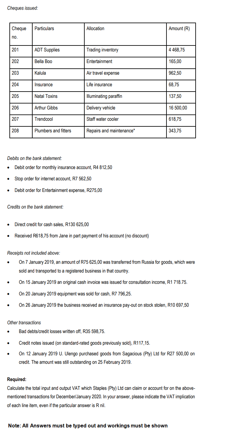 Solved Cheques issued Cheque Particulars Allocation Amount