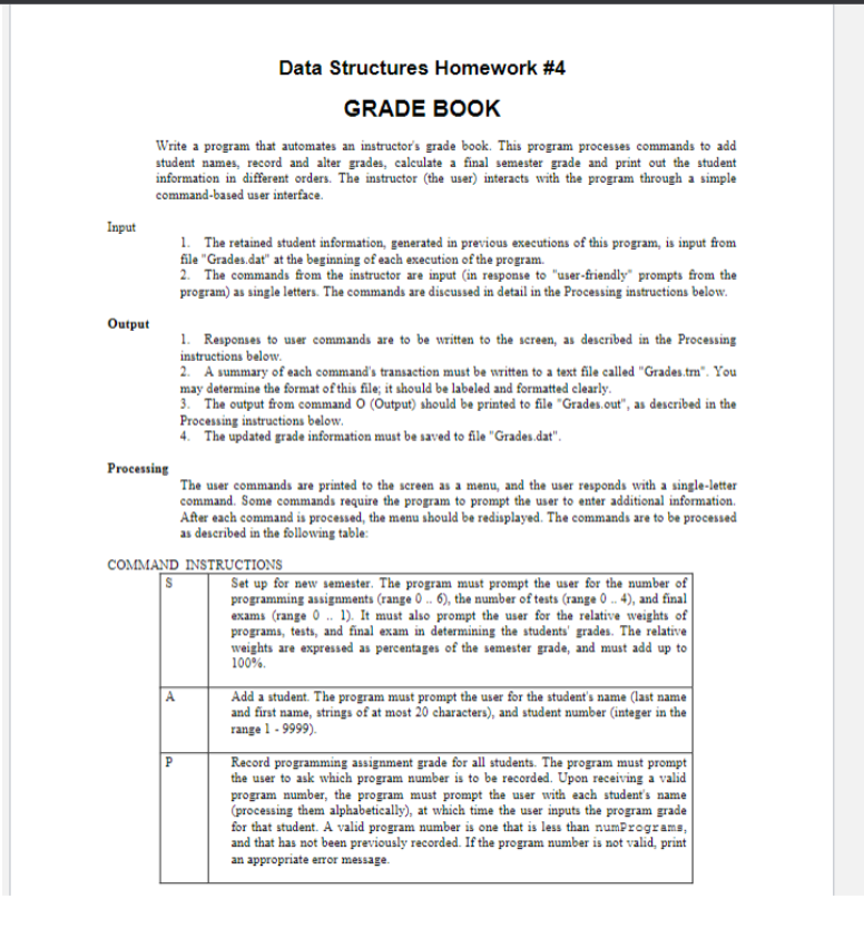 Data Structures Homework #4 GRADE BOOK Write a | Chegg.com