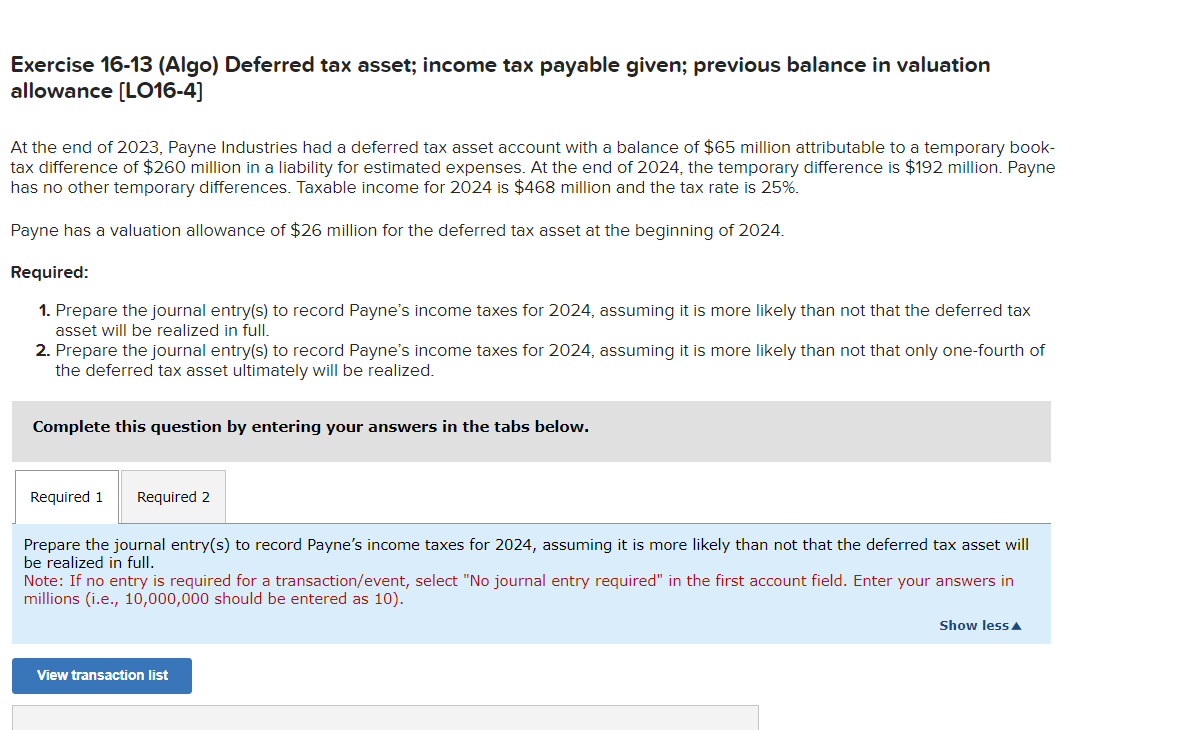 Solved Exercise 1613 (Algo) Deferred tax asset; tax