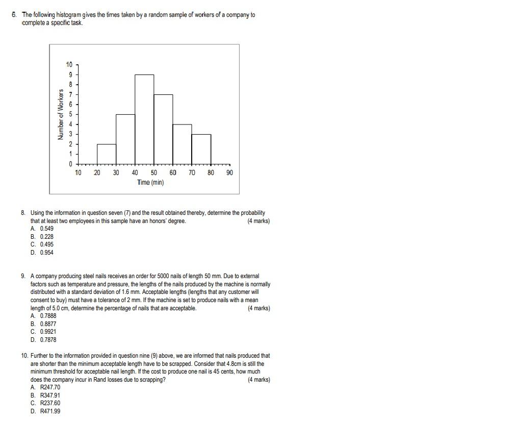 6. The following histogram gives the times taken by a | Chegg.com