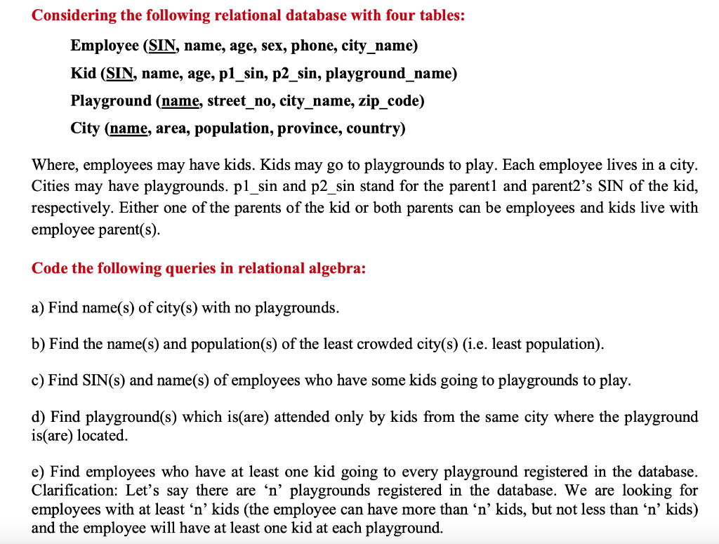 Solved Considering the following relational database with | Chegg.com