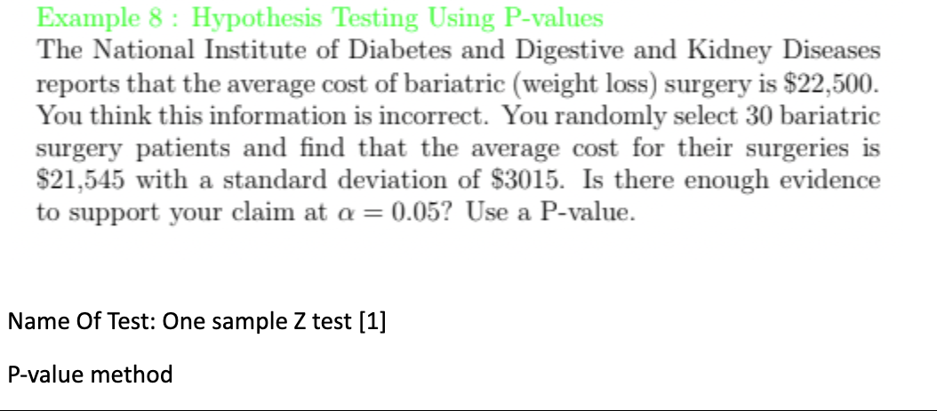 Solved Example 8: Hypothesis Testing Using P-values The | Chegg.com