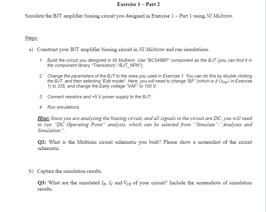 Solved Exercise 1 - Part 1 Design the biasing circuit for | Chegg.com